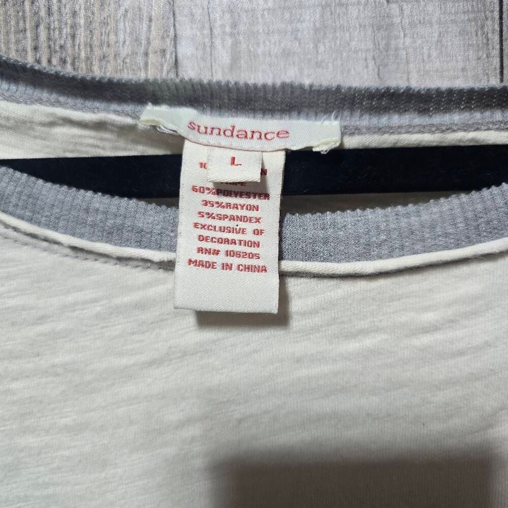 Sundance Mixed Media Floral Embroidered Cream Grey Tee Large Boho Comfy Casual - Picture 4 of 6